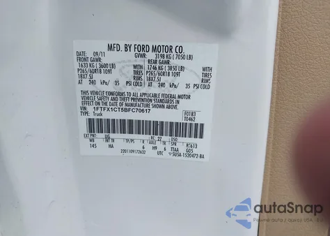 2011 Ford F-150 Lariat from USA, damaged, VIN 1FTFX1CT5BFC70617